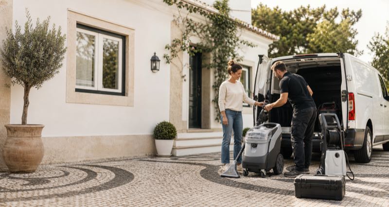 Equipment delivery to a Portuguese home, with a carpet cleaner and pressure washer ready for a property project
